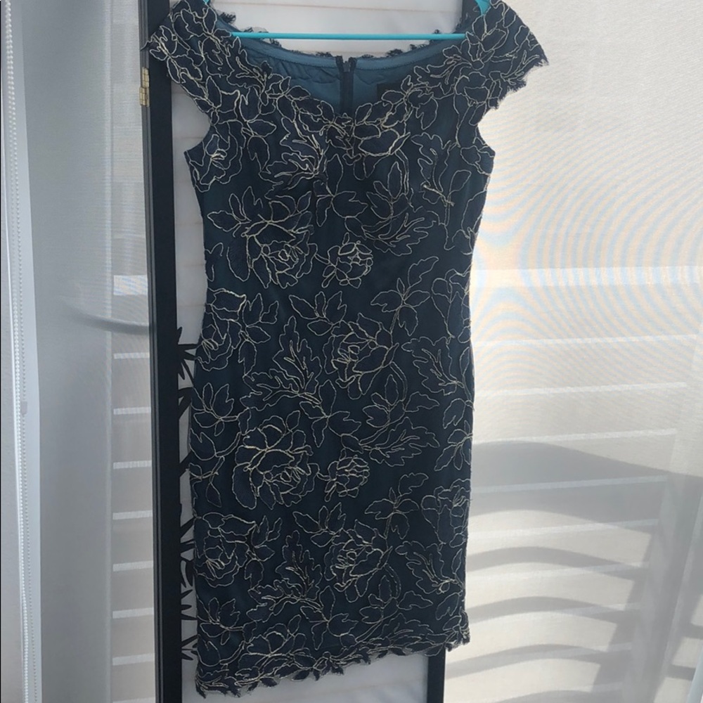 Tadashi Shoji dress with off the shoulder neckline